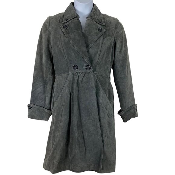 In Suede Medium Leather Coat Gray Peacoat Button Front Lined Pockets Long Sleeve - Picture 1 of 8